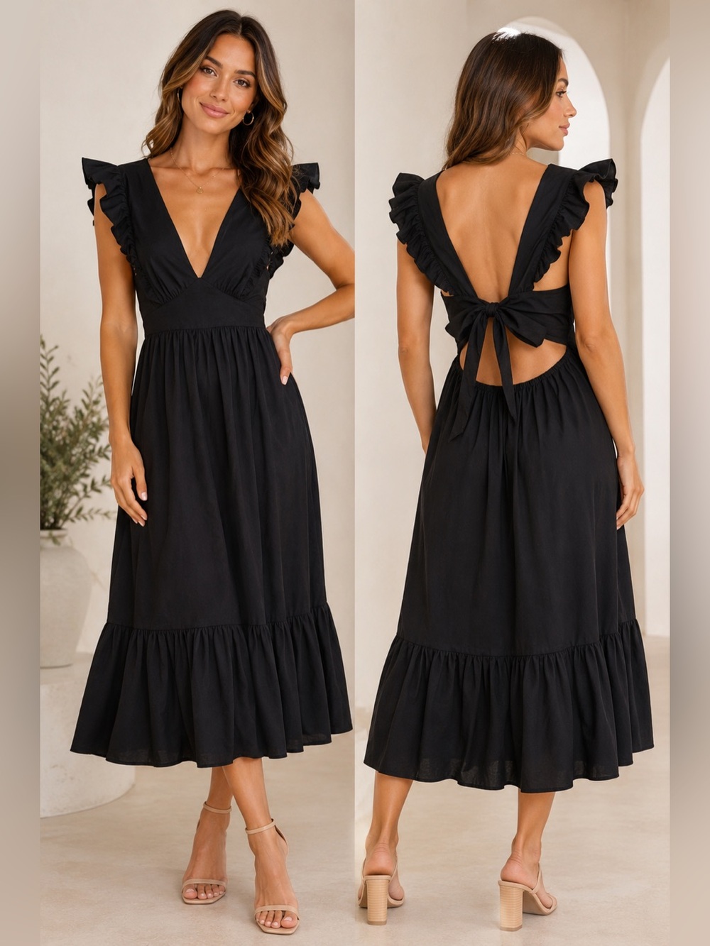 Sugarlips Black Ruffle Open Back Bow Tie Midi Dress Size XL